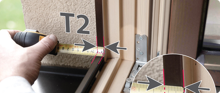 2. Measure frame thickness at the bottom corner (T2)
