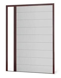 Rectangular sliding screen door with a brown frame and vertical mesh panel