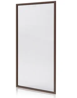 A rectangular full-length mirror with a thin, dark brown frame